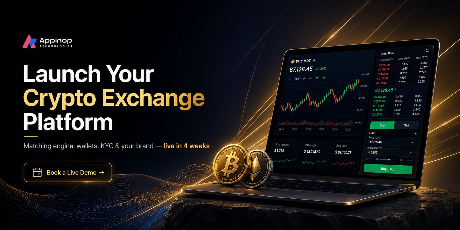 Launch your crypto exchange platform. Matching engine, wallets, KYC and your brand, live in 4 weeks. Book a live demo