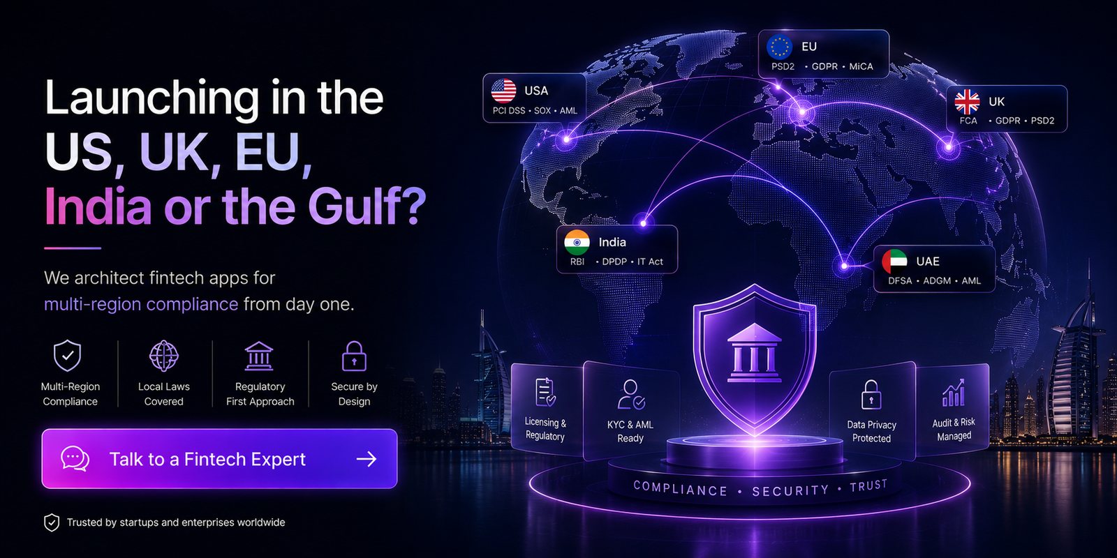 Launching in the US, UK, EU, India or the Gulf? We architect fintech apps for multi-region compliance from day one. Talk to a fintech expert.