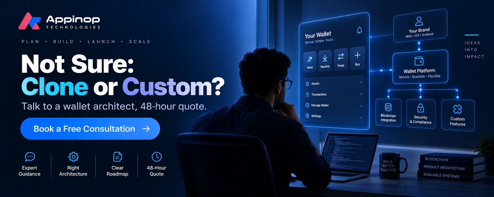 Not sure - clone or custom crypto wallet? Talk to a wallet architect, 48-hour quote