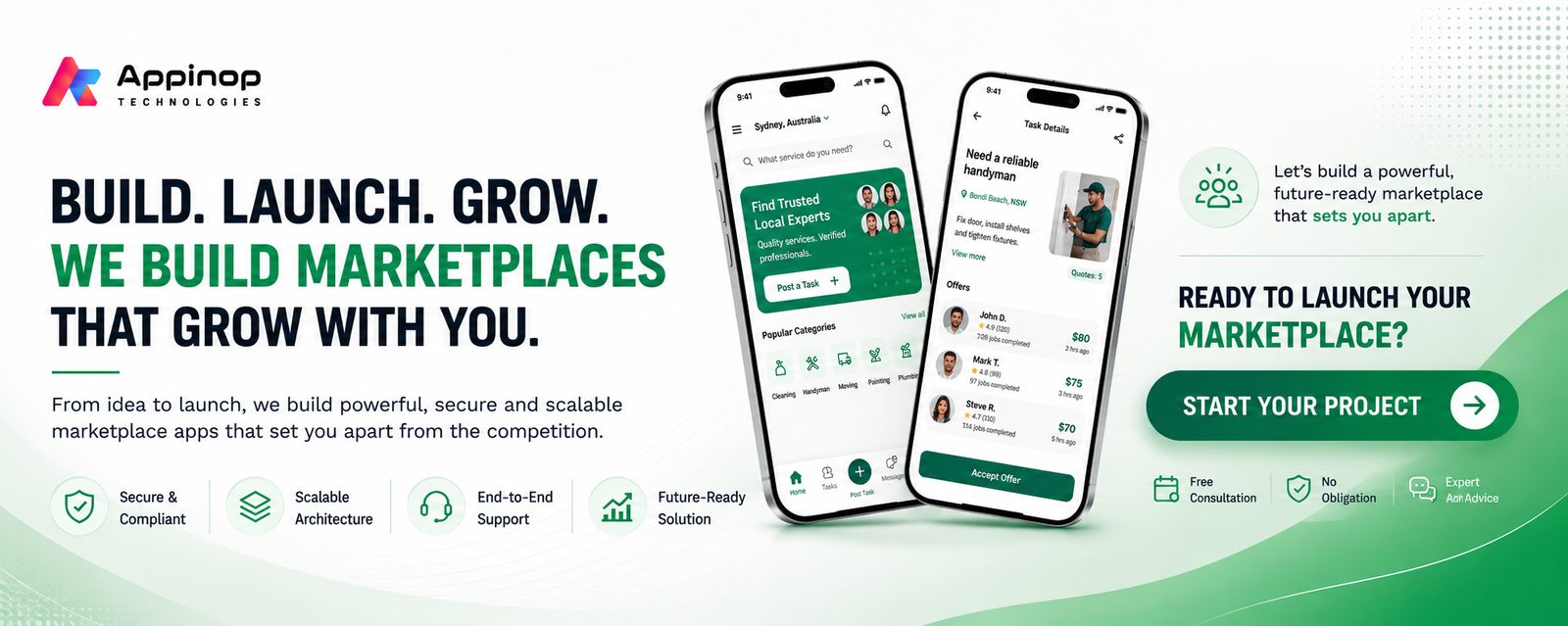 Build, launch, grow. We build marketplace apps that grow with you. Start your project with a free consultation