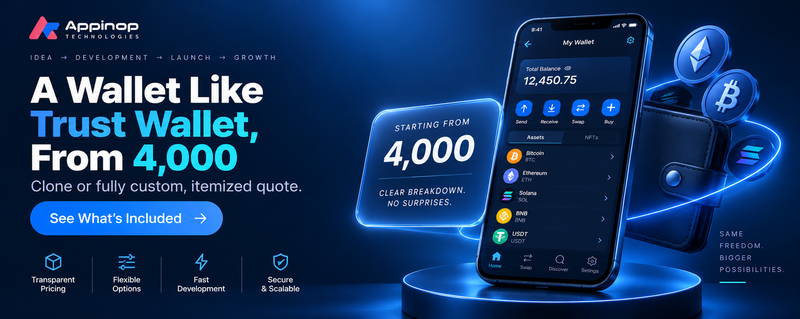 A crypto wallet like Trust Wallet from $4,000 - clone or fully custom, itemized quote
