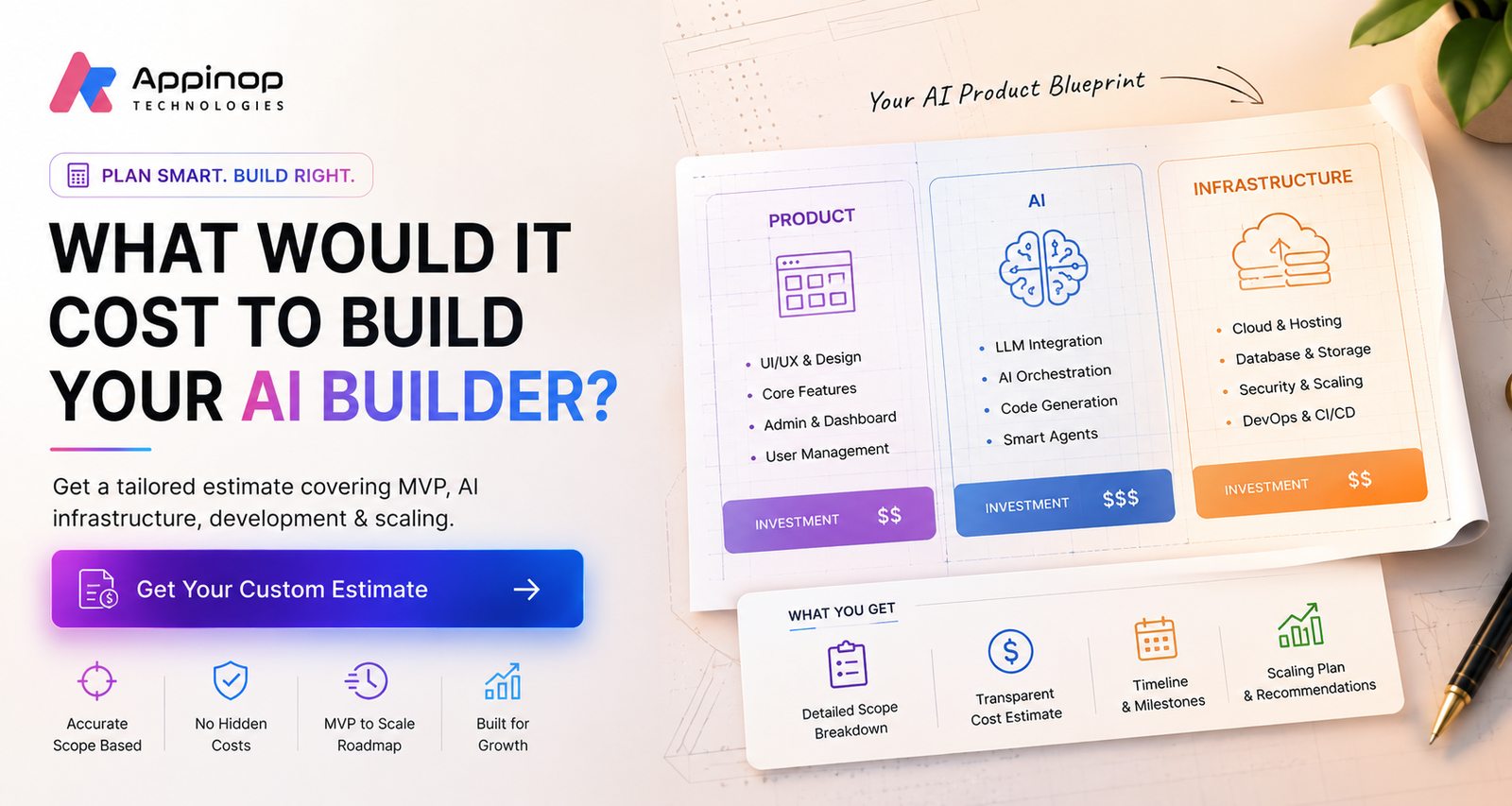 What would it cost to build your AI builder? Get a tailored estimate covering MVP, AI infrastructure, development and scaling
