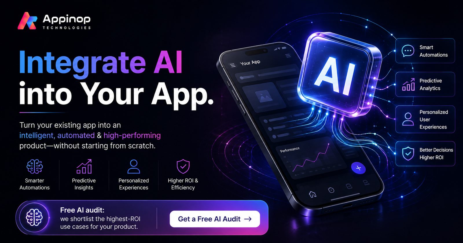 Integrate AI into your app. Turn your existing app into an intelligent, automated, high-performing product without starting from scratch. Get a free AI audit