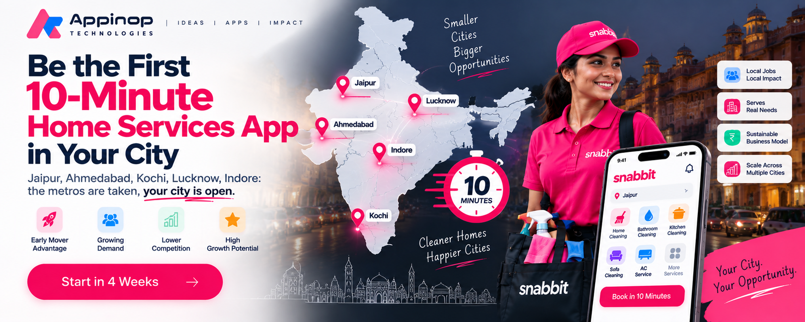 Be the first 10-minute home services app in your city: Jaipur, Ahmedabad, Kochi, Lucknow, Indore