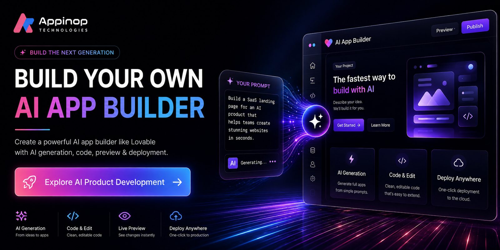 Build your own AI app builder like Lovable with AI generation, code, preview and deployment. Explore AI product development