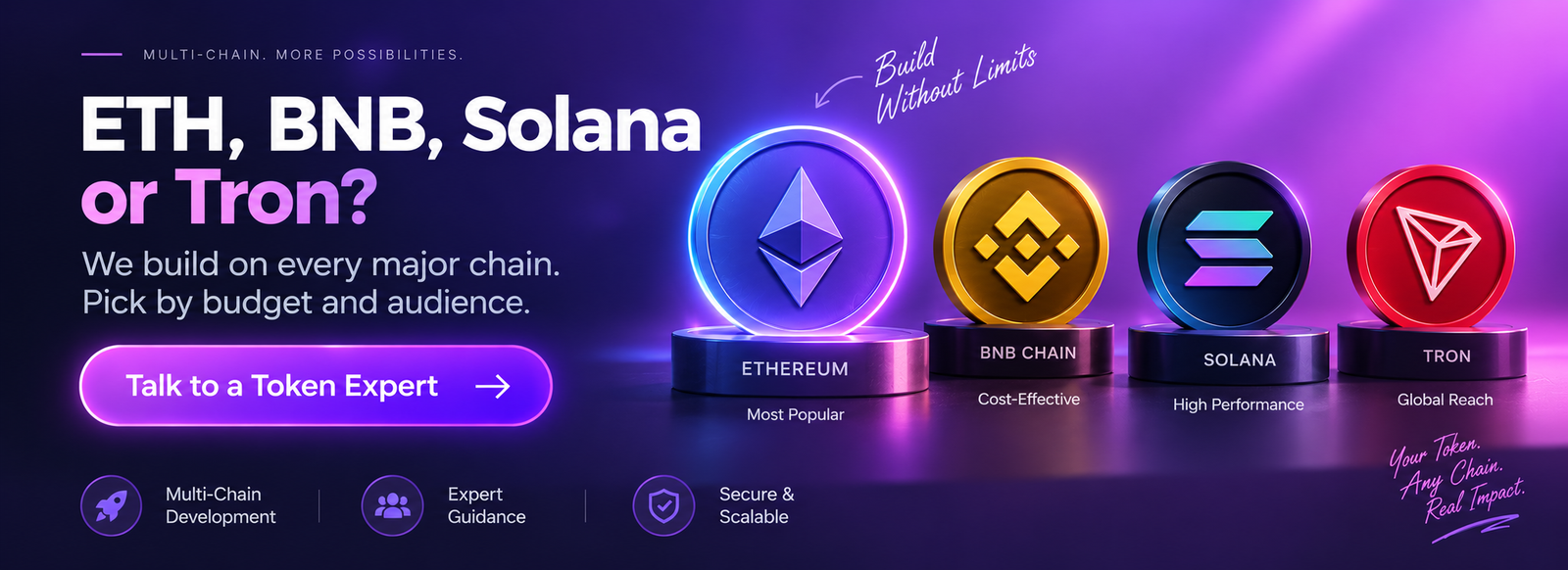 ETH, BNB, Solana or Tron - we build tokens on every major chain, talk to a token expert