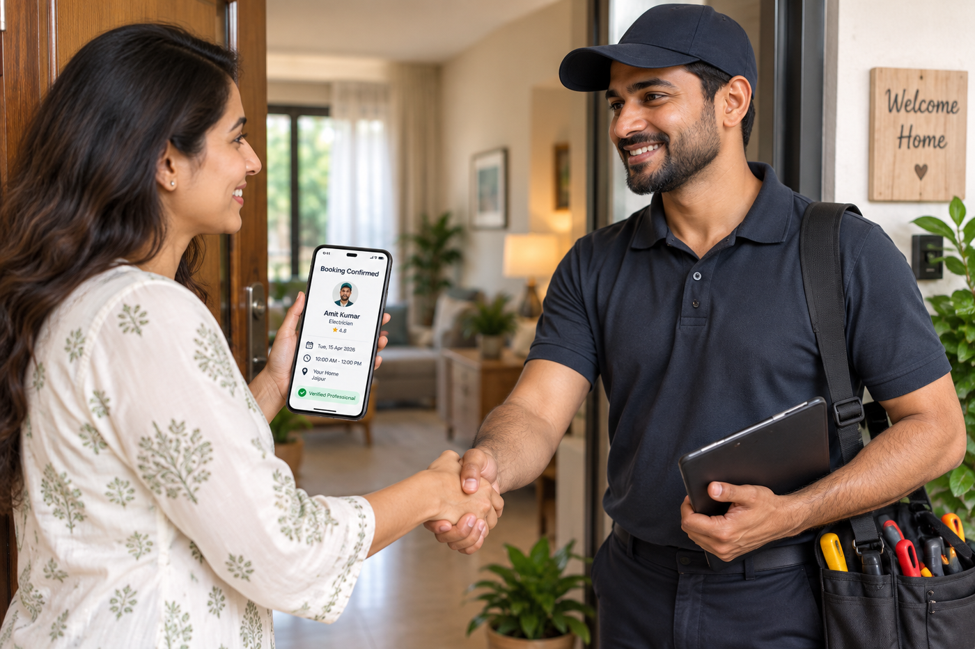 A verified home services partner arrives at a customer's door while the booking confirmation shows on her phone