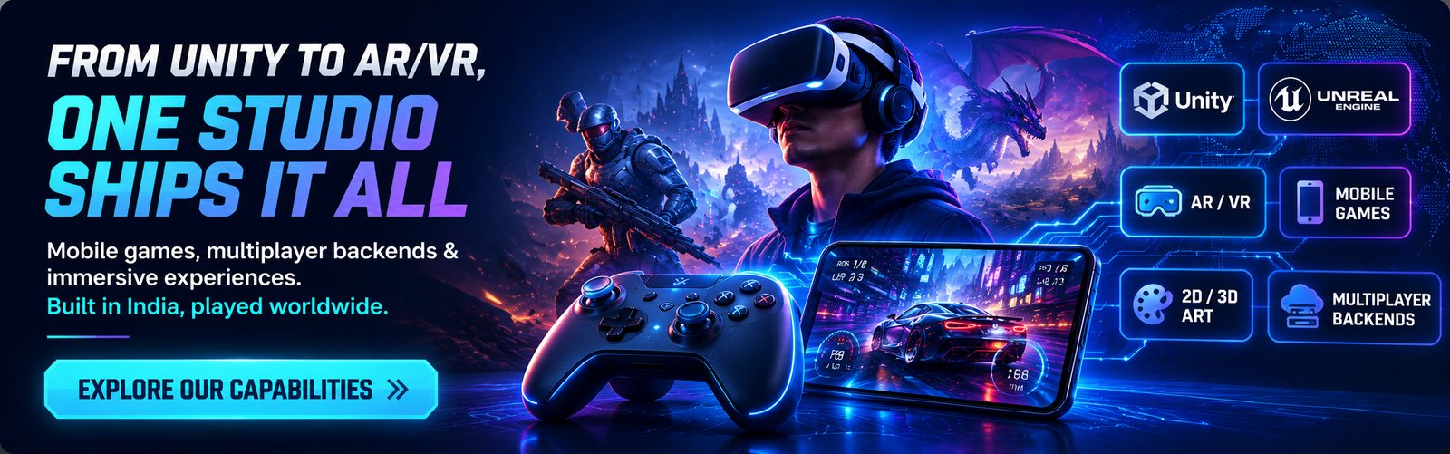 From Unity to AR/VR, one studio ships it all. Mobile games, multiplayer backends and immersive experiences built in India.